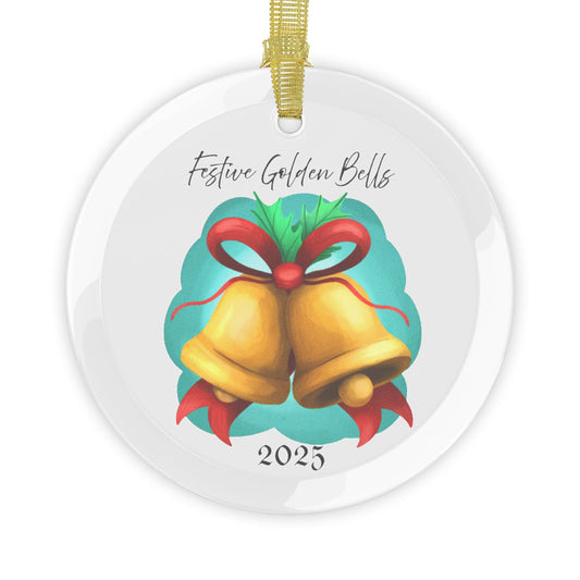 Festive Golden Bells Glass Ornament | Christmas Tree Decor, Personalized 2025 Keepsake, Holiday Gift for Family