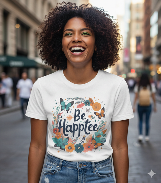 Bruntee “Be Happtee” Floral Tee – Women’s Inspirational Graphic Shirt, Casual Summer Top, Gift for Her