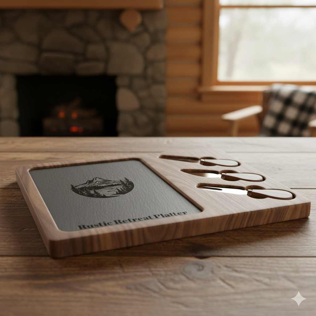 Personalized Mountain Charcuterie Board – Engraved Acacia & Slate Cheese Board | Rustic Kitchen Gift for Nature Lovers & Weddings