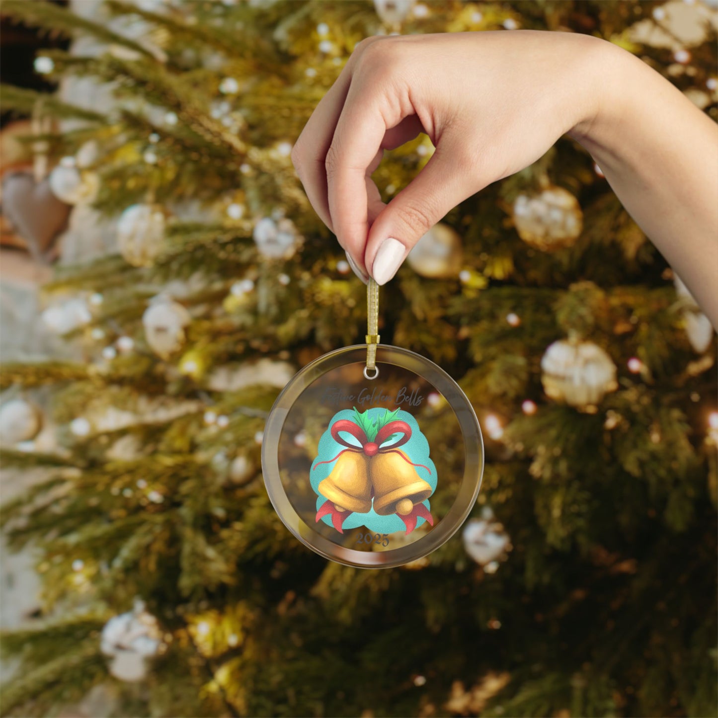 Festive Golden Bells Glass Ornament | Christmas Tree Decor, Personalized 2025 Keepsake, Holiday Gift for Family
