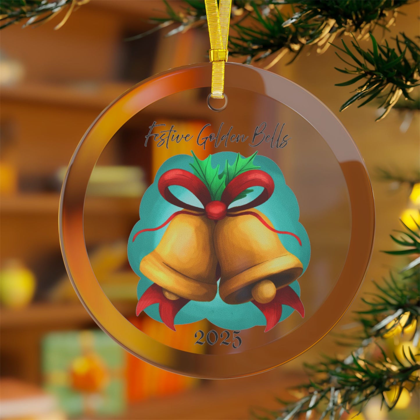 Festive Golden Bells Glass Ornament | Christmas Tree Decor, Personalized 2025 Keepsake, Holiday Gift for Family