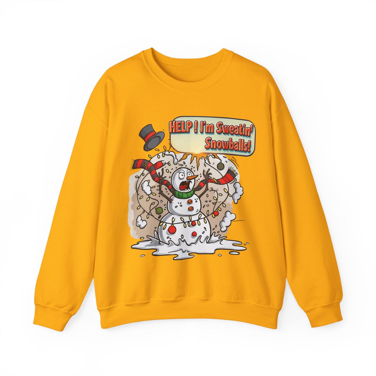 Funny Christmas Crewneck Sweatshirt – “Help! I’m Sweatin’ Snowballs!” | Unisex Ugly Sweater | Holiday Humor Gift for Men, Women & Teens | Bruntee