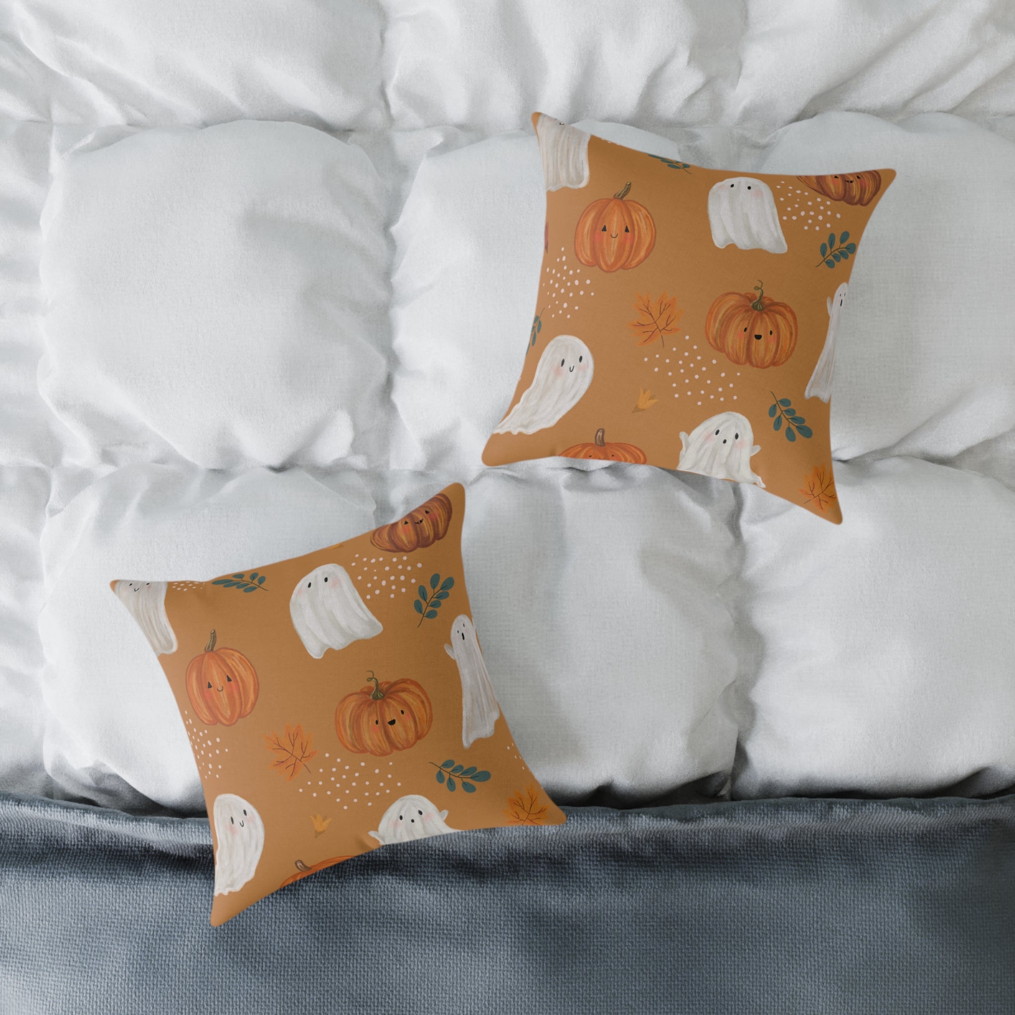 Halloween Pumpkin & Ghost Throw Pillow – Fall Decorative Cushion, Cozy Autumn Home Accent