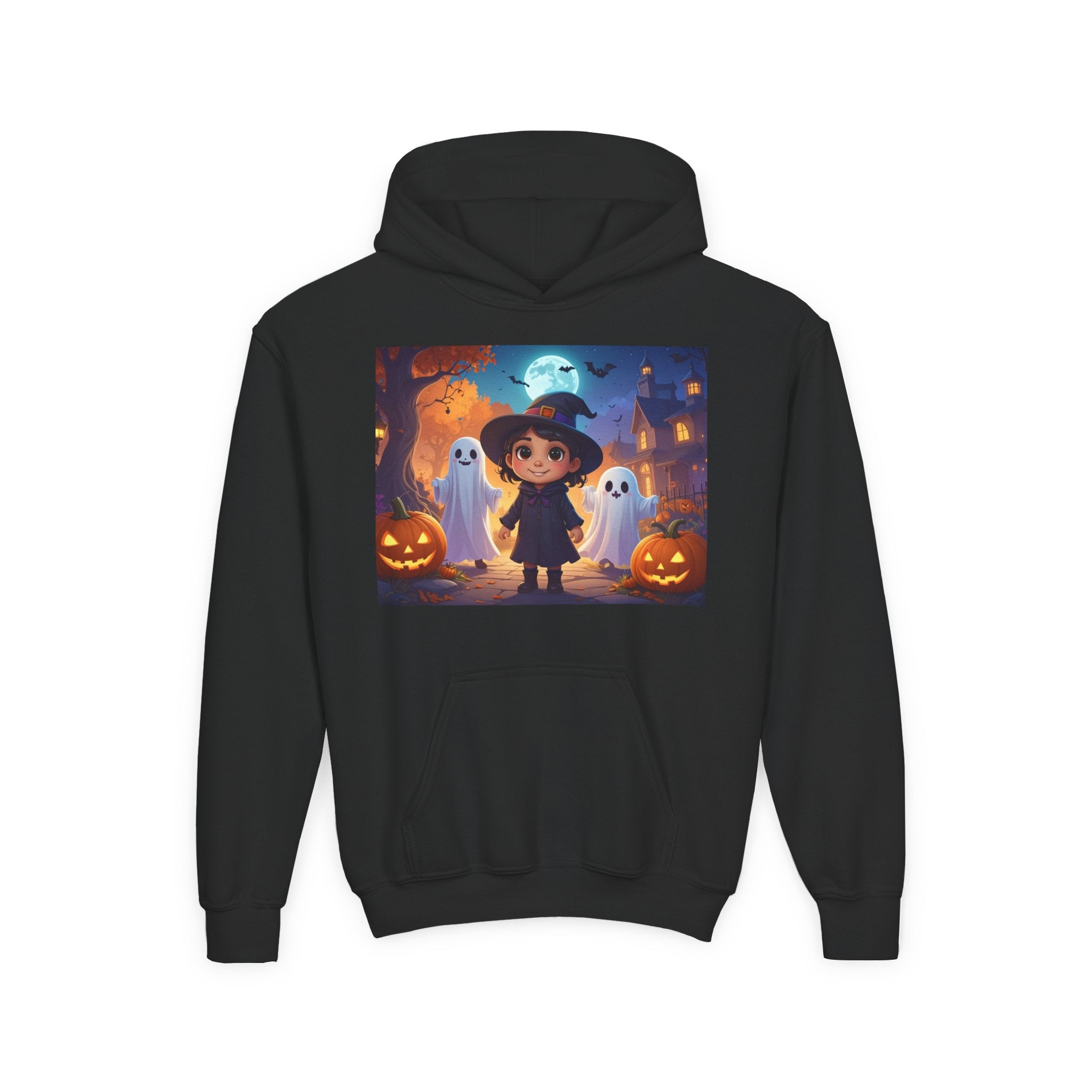 Youth Halloween Hoodie | Cute Ghost & Witch Design | Trick-or-Treat Sweatshirt | Cozy Fall Hoodie for Kids | Spooky Season Apparel