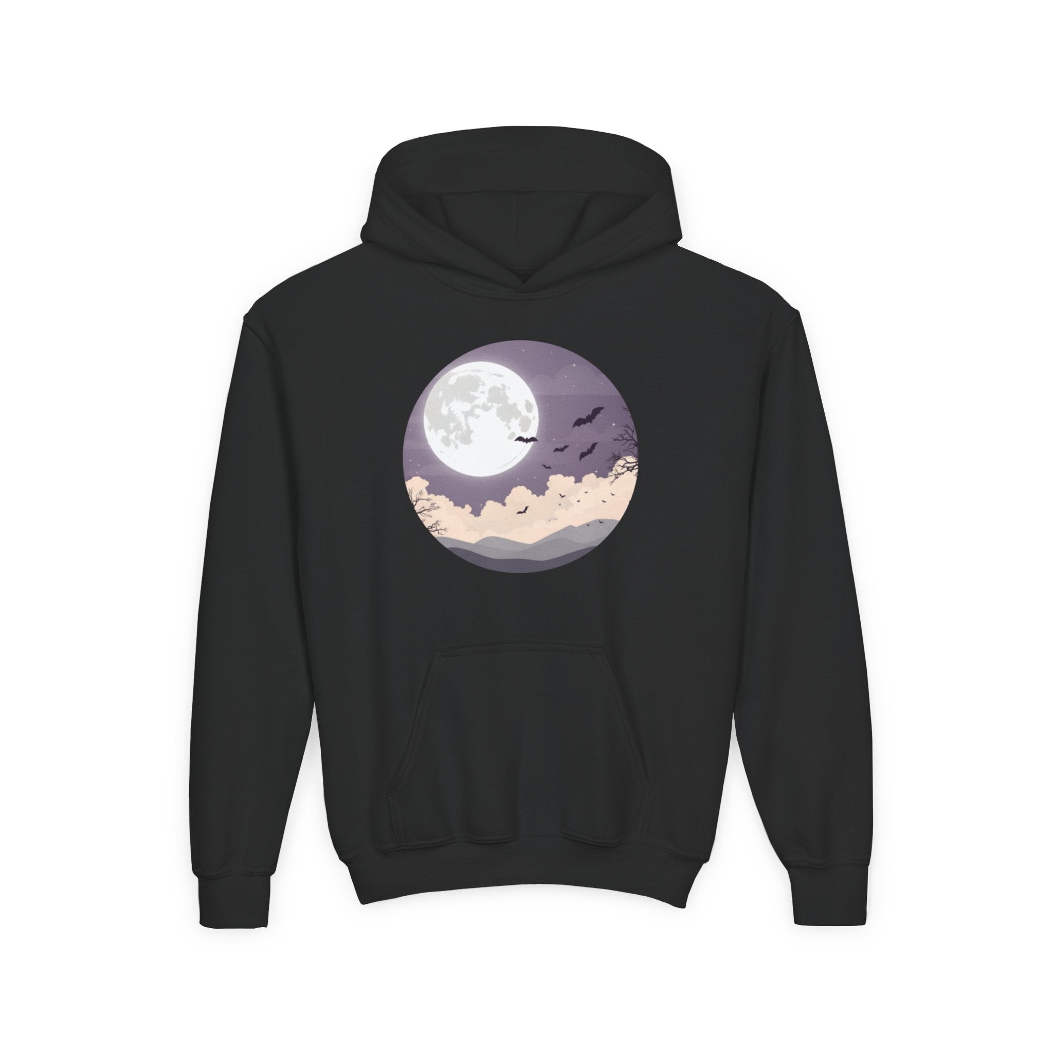 Moonlit Night Youth Hoodie – Cozy Kids Hooded Sweatshirt, Halloween Moon Graphic Hoodie, Fall & Winter Outfit for Boys and Girls