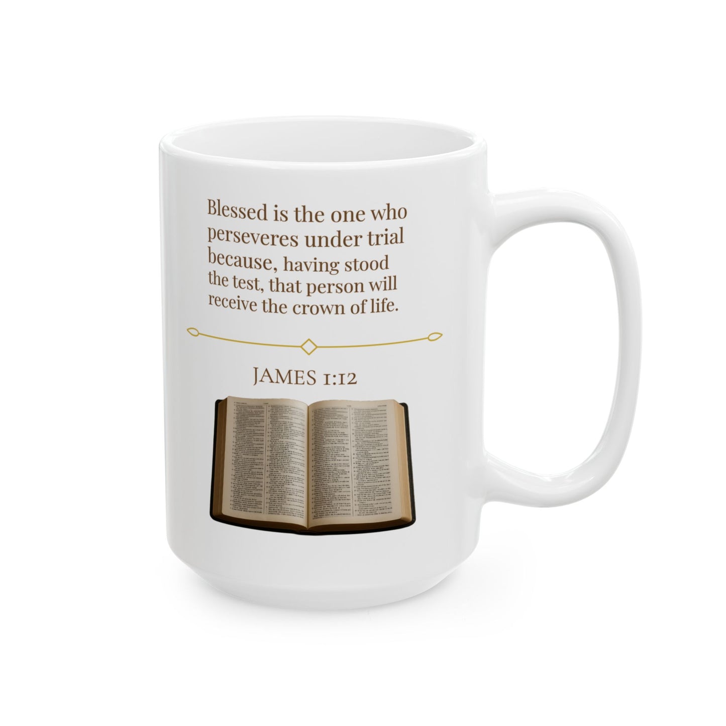 James 1:12 Ceramic Mug – Faith Inspirational Coffee Cup, Bible Verse Home Décor Gift for Him or Her