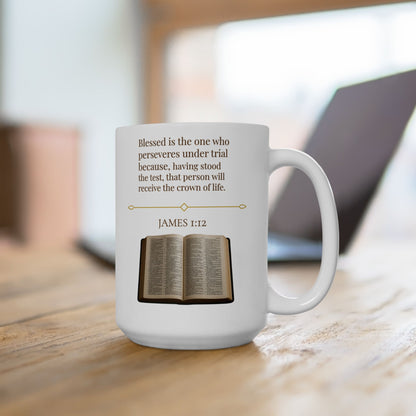 James 1:12 Ceramic Mug – Faith Inspirational Coffee Cup, Bible Verse Home Décor Gift for Him or Her