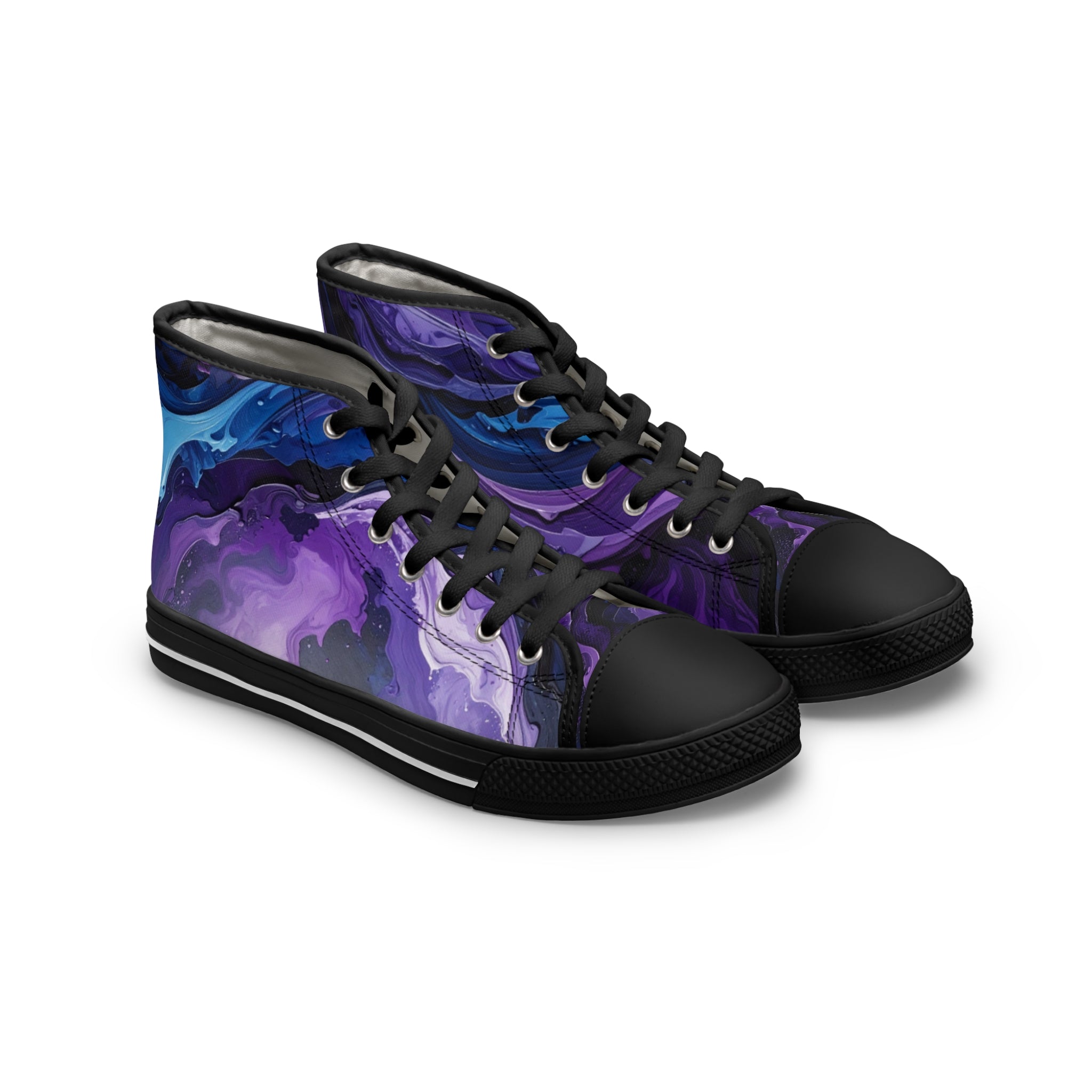 Women’s High Top Sneakers | Abstract Purple & Dark Blue Design, Stylish Casual Footwear & Trendy Streetwear Shoes