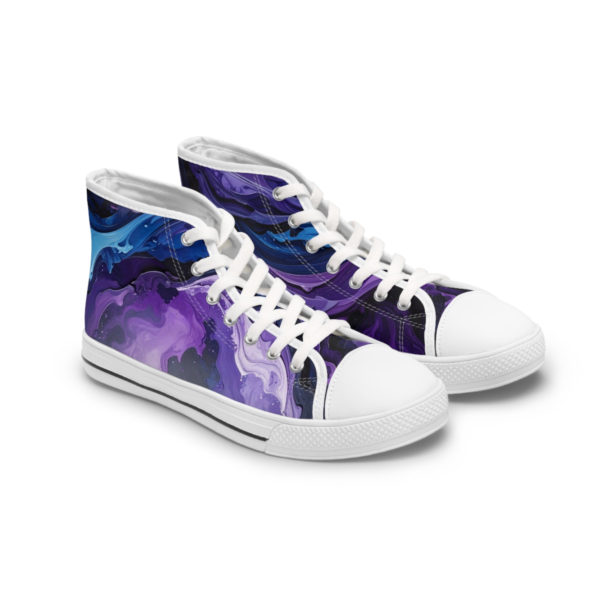 Women’s High Top Sneakers | Abstract Purple & Dark Blue Design, Stylish Casual Footwear & Trendy Streetwear Shoes