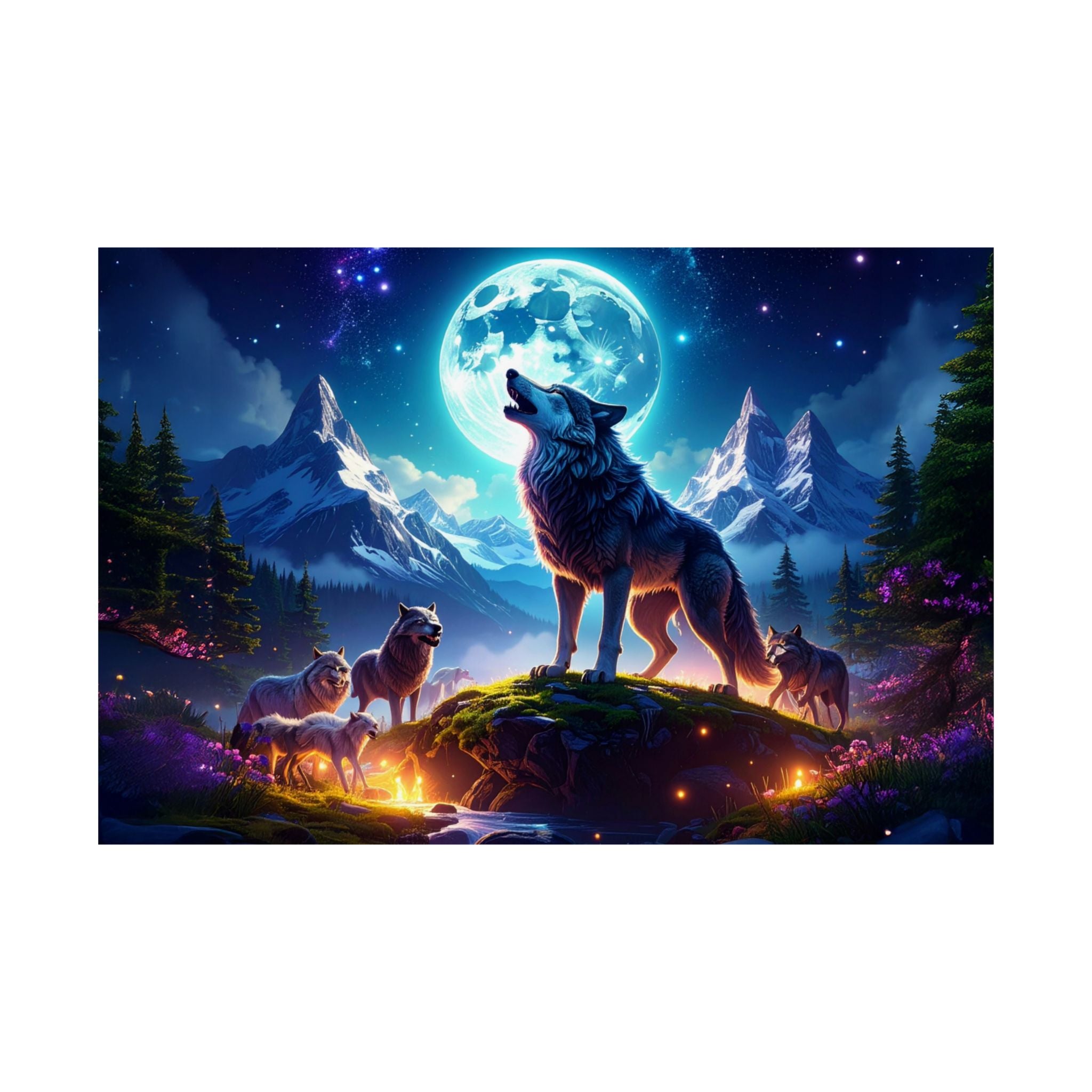 Wolf Moon Satin Poster | Fantasy Wall Art | Night Sky Decor | Wolf Lover Gift | Nature-Inspired Home Aesthetic