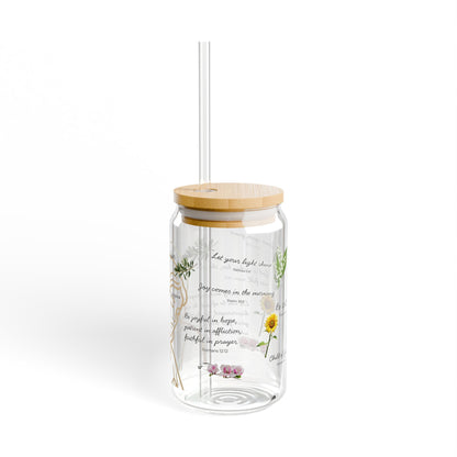Faith-Inspired Floral Sipper Glass, 16oz – Elegant Christian Drinkware, Eco-Friendly Glass Cup with Bamboo Lid & Straw