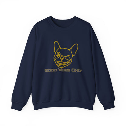 Bruntee “Good Vibes Only” Men's Crewneck Sweatshirt | Dog Lover, French Bulldog Graphic, Cotton-Poly Blend