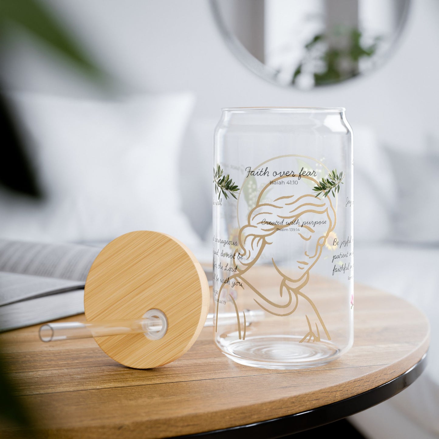 Faith-Inspired Floral Sipper Glass, 16oz – Elegant Christian Drinkware, Eco-Friendly Glass Cup with Bamboo Lid & Straw