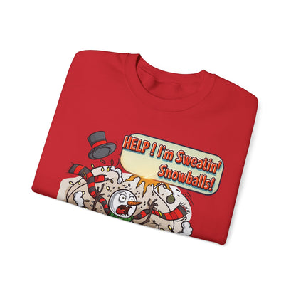 Funny Christmas Crewneck Sweatshirt – “Help! I’m Sweatin’ Snowballs!” | Unisex Ugly Sweater | Holiday Humor Gift for Men, Women & Teens | Bruntee