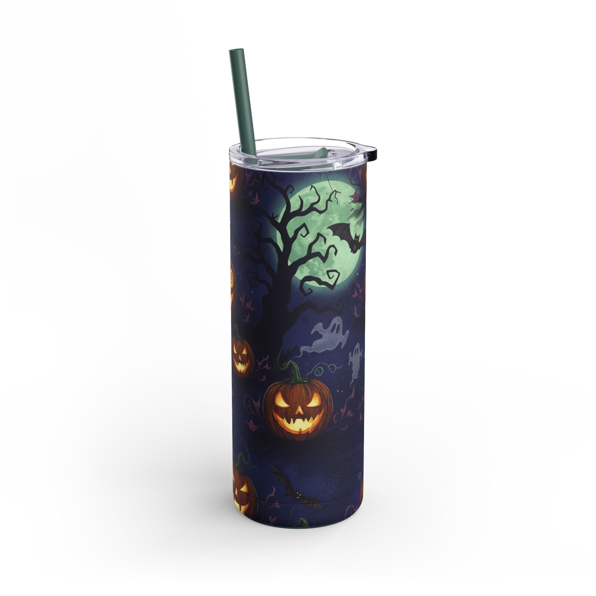 Halloween Pumpkin Skinny Tumbler – 20oz Spooky Stainless Steel Cup with Straw
