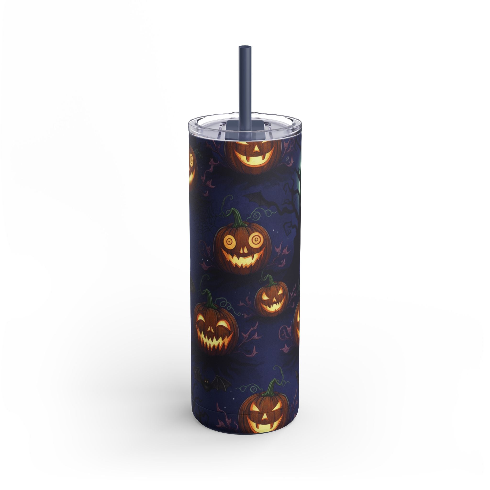 Halloween Pumpkin Skinny Tumbler – 20oz Spooky Stainless Steel Cup with Straw