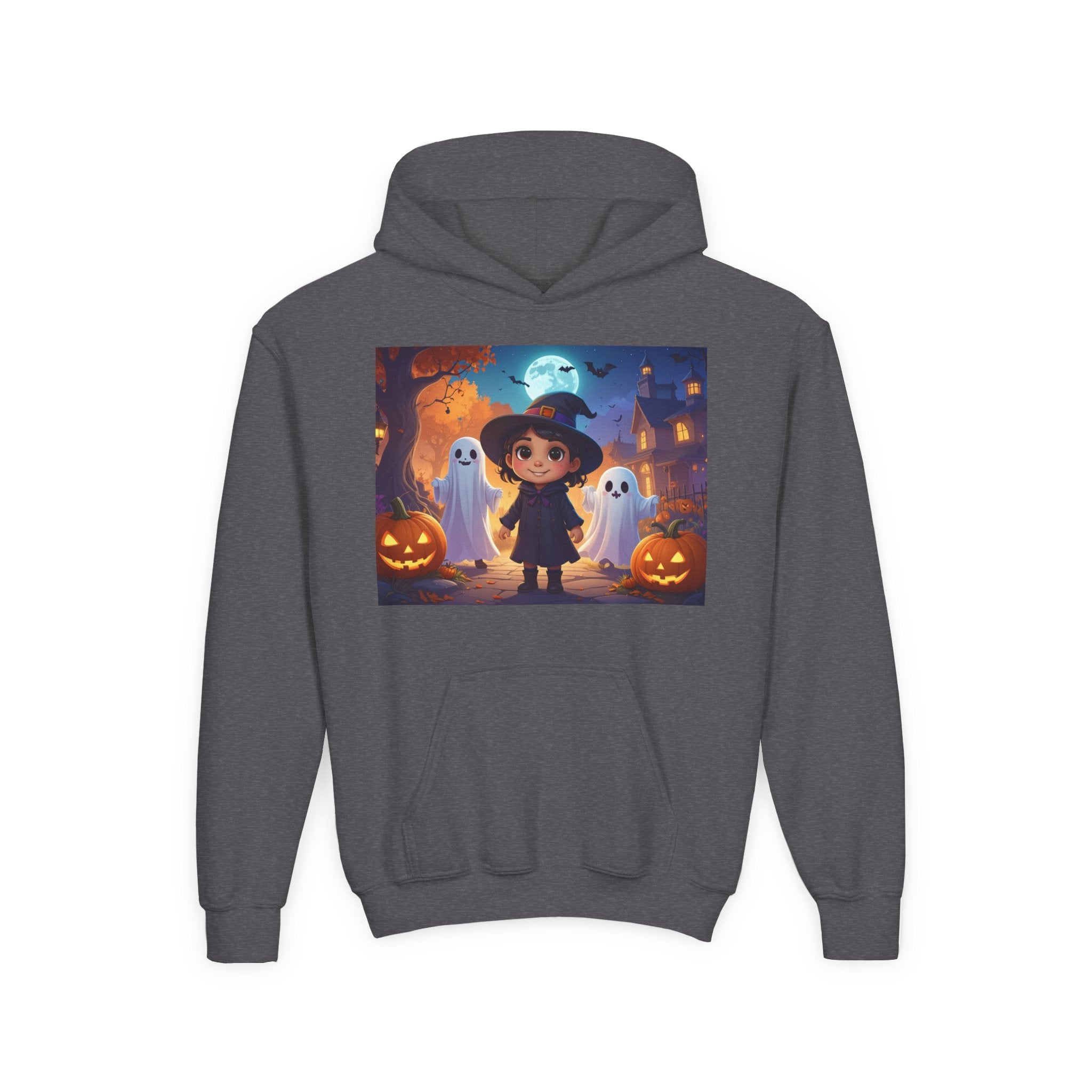 Youth Halloween Hoodie | Cute Ghost & Witch Design | Trick-or-Treat Sweatshirt | Cozy Fall Hoodie for Kids | Spooky Season Apparel