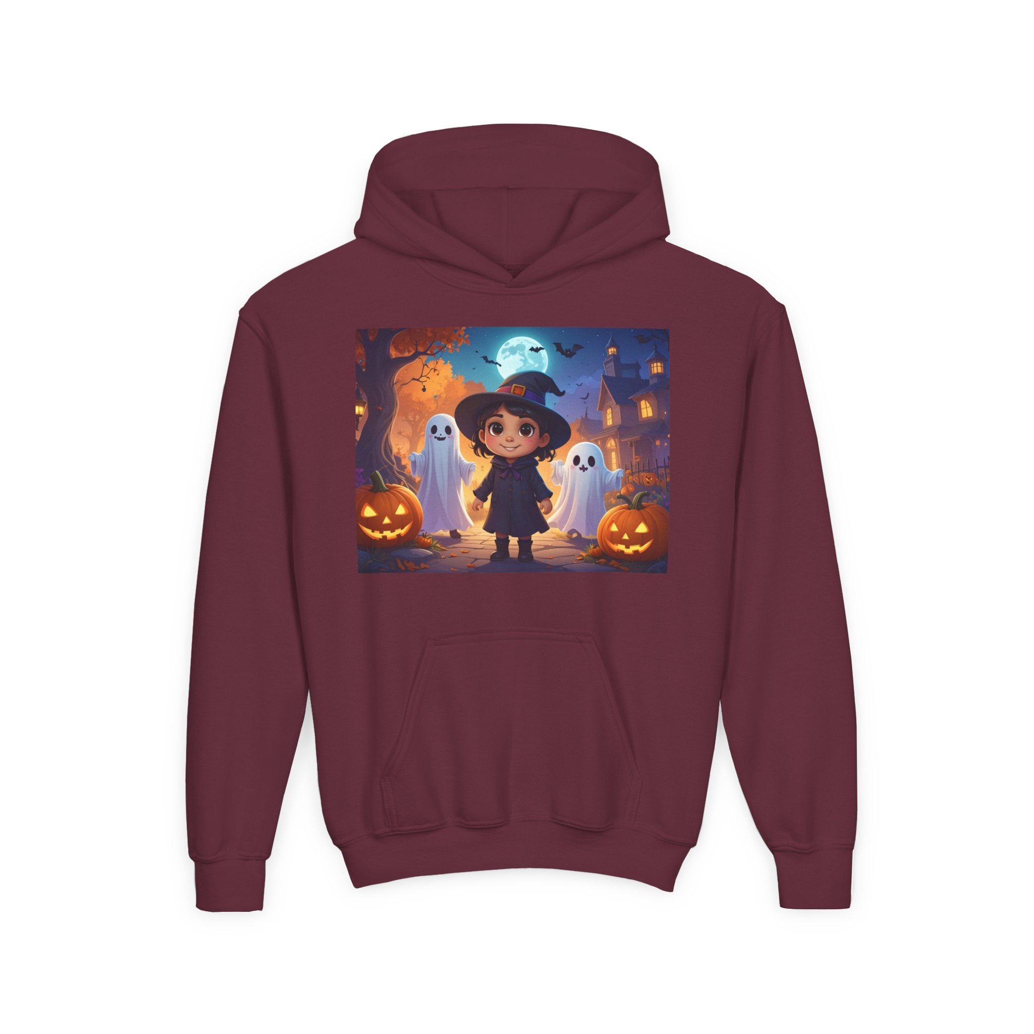 Youth Halloween Hoodie | Cute Ghost & Witch Design | Trick-or-Treat Sweatshirt | Cozy Fall Hoodie for Kids | Spooky Season Apparel