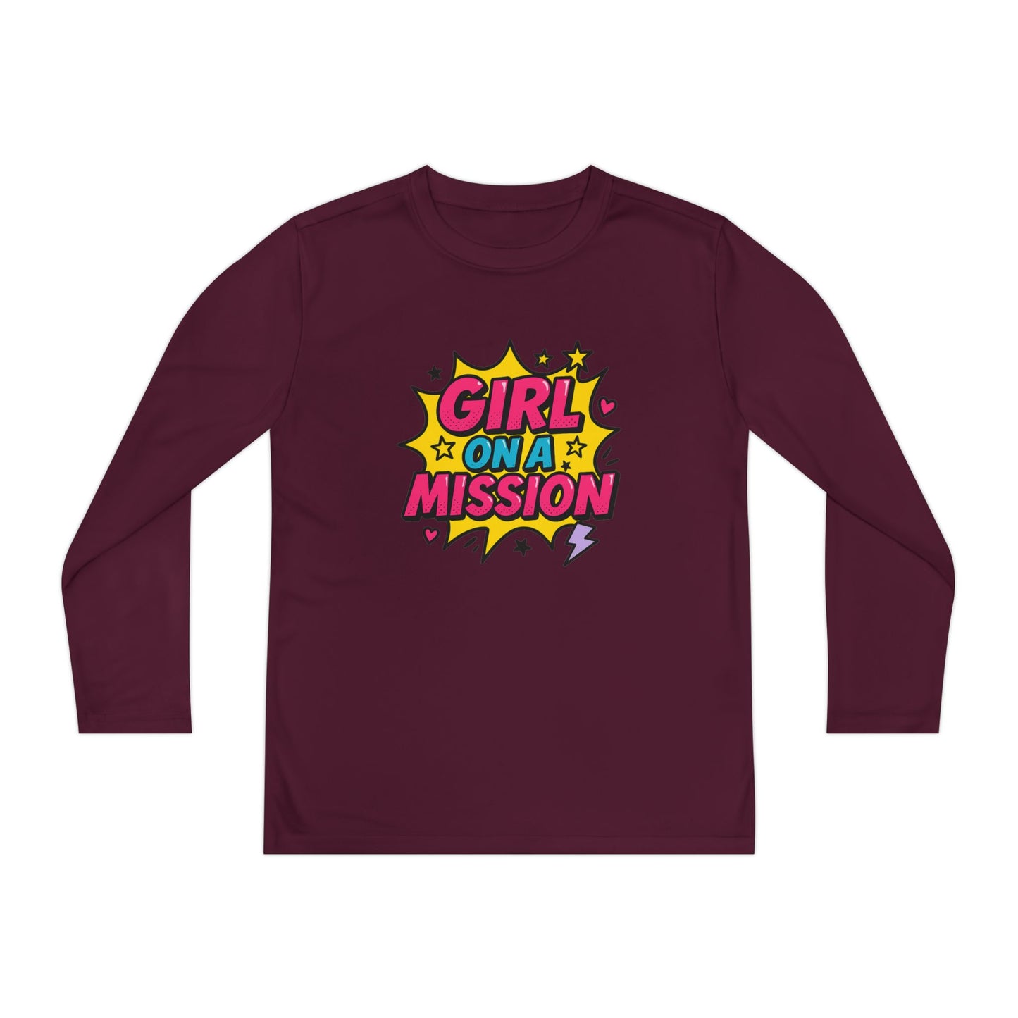 Girl on a Mission Youth Long Sleeve Tee | Motivational Kids Shirt | Fun Activewear for Girls