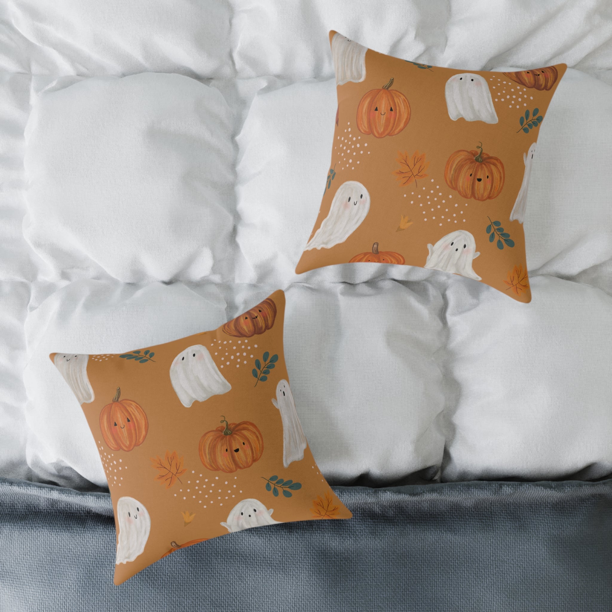 Halloween Pumpkin & Ghost Throw Pillow – Fall Decorative Cushion, Cozy Autumn Home Accent