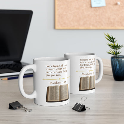 Matthew 11:28 Ceramic Mug – Faith Quote Cup, Inspirational Christian Gift, Encouraging Bible Verse Drinkware