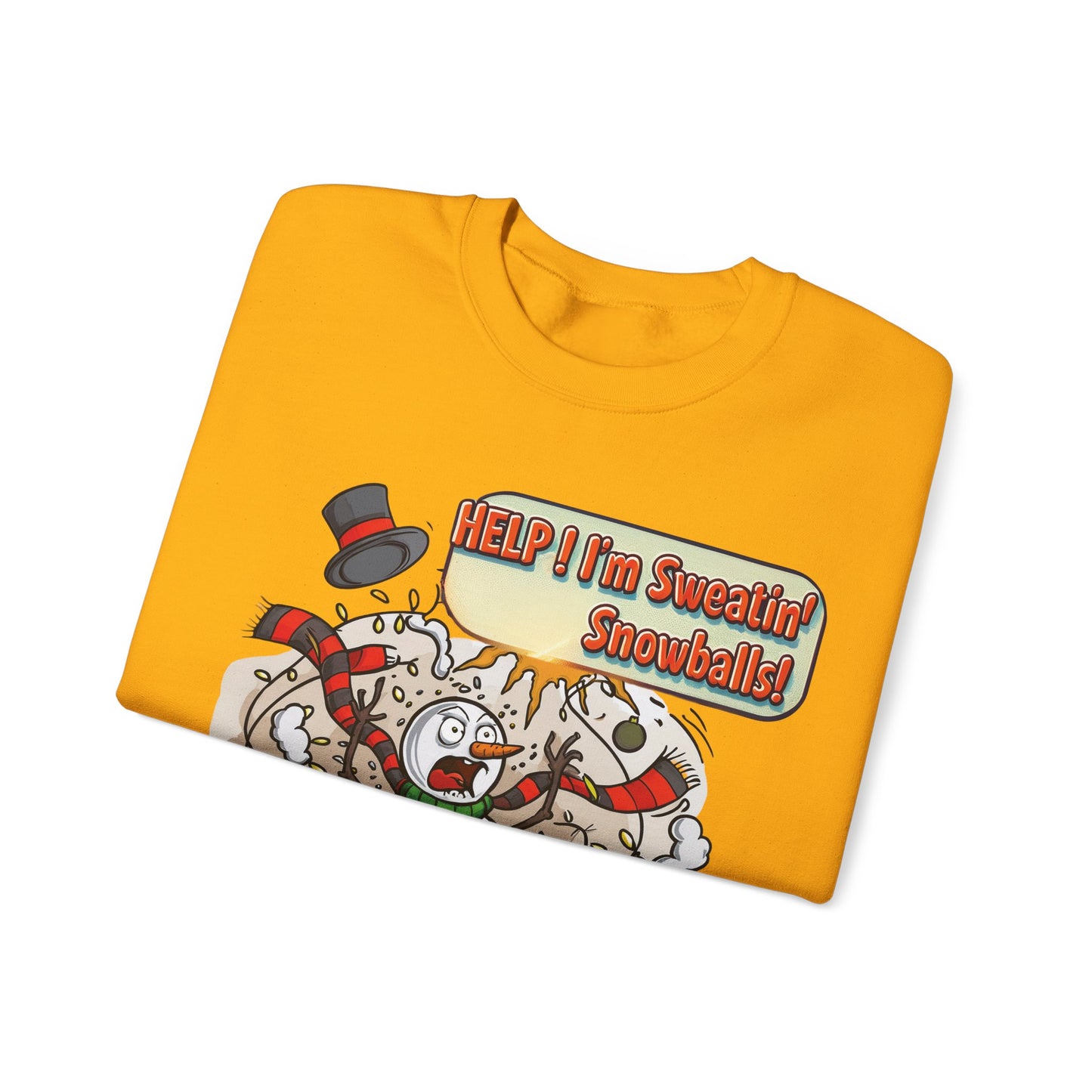 Funny Christmas Crewneck Sweatshirt – “Help! I’m Sweatin’ Snowballs!” | Unisex Ugly Sweater | Holiday Humor Gift for Men, Women & Teens | Bruntee