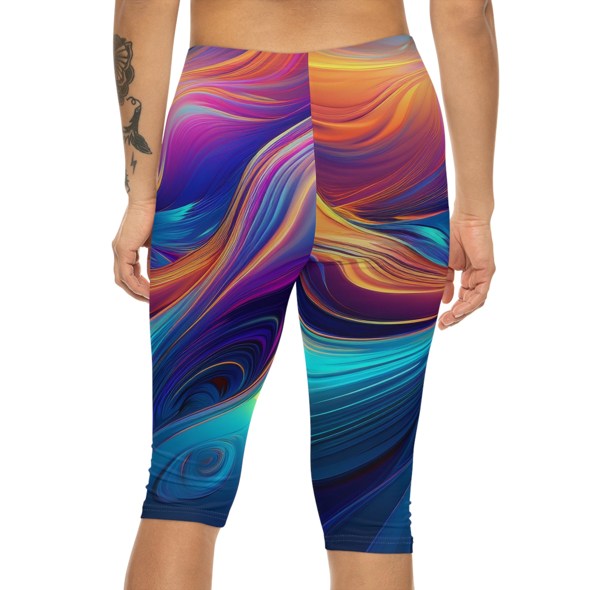 Vibrant Abstract Capri Leggings – Women’s Yoga Pants, Colorful Festival Wear, Artistic Workout Gear