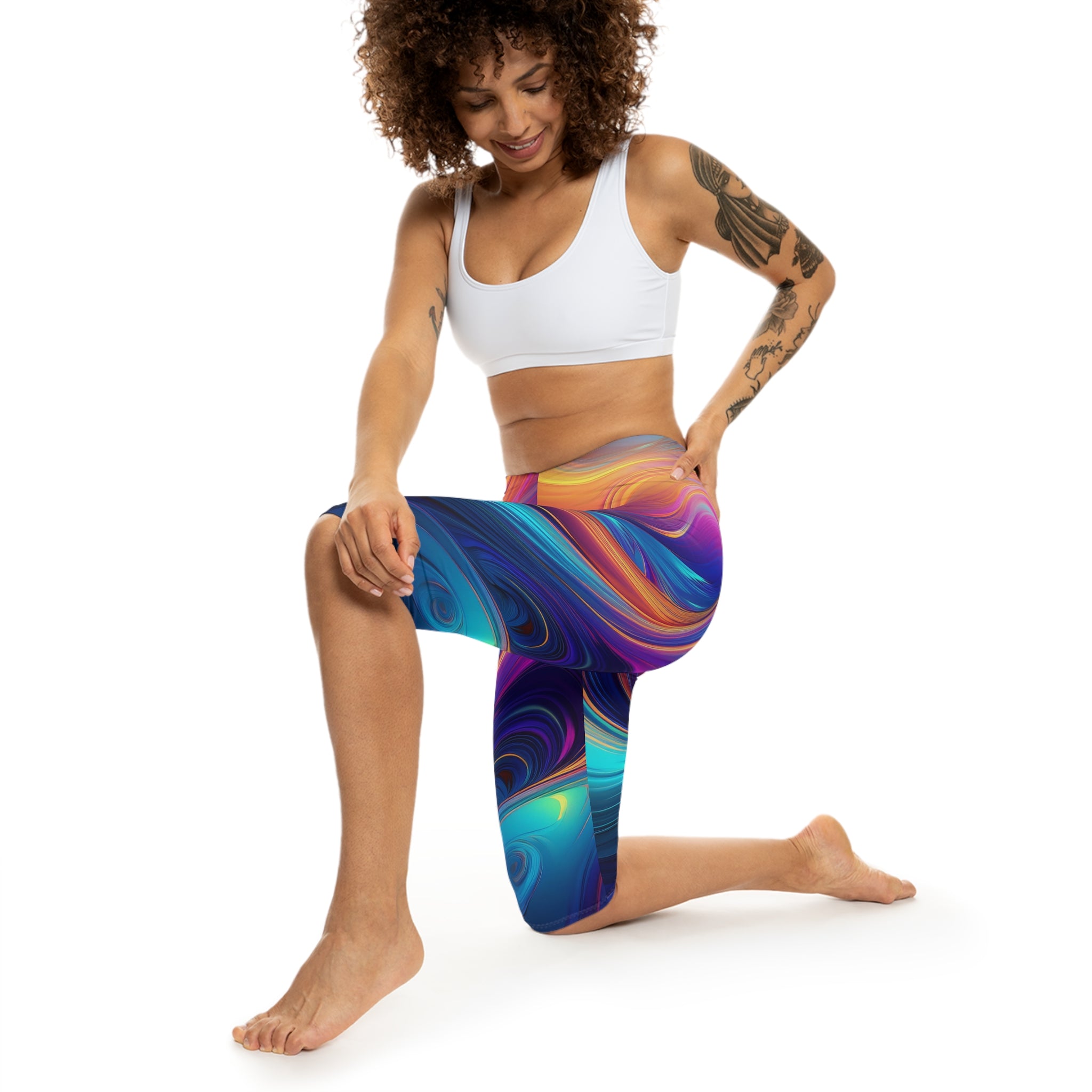 Vibrant Abstract Capri Leggings – Women’s Yoga Pants, Colorful Festival Wear, Artistic Workout Gear