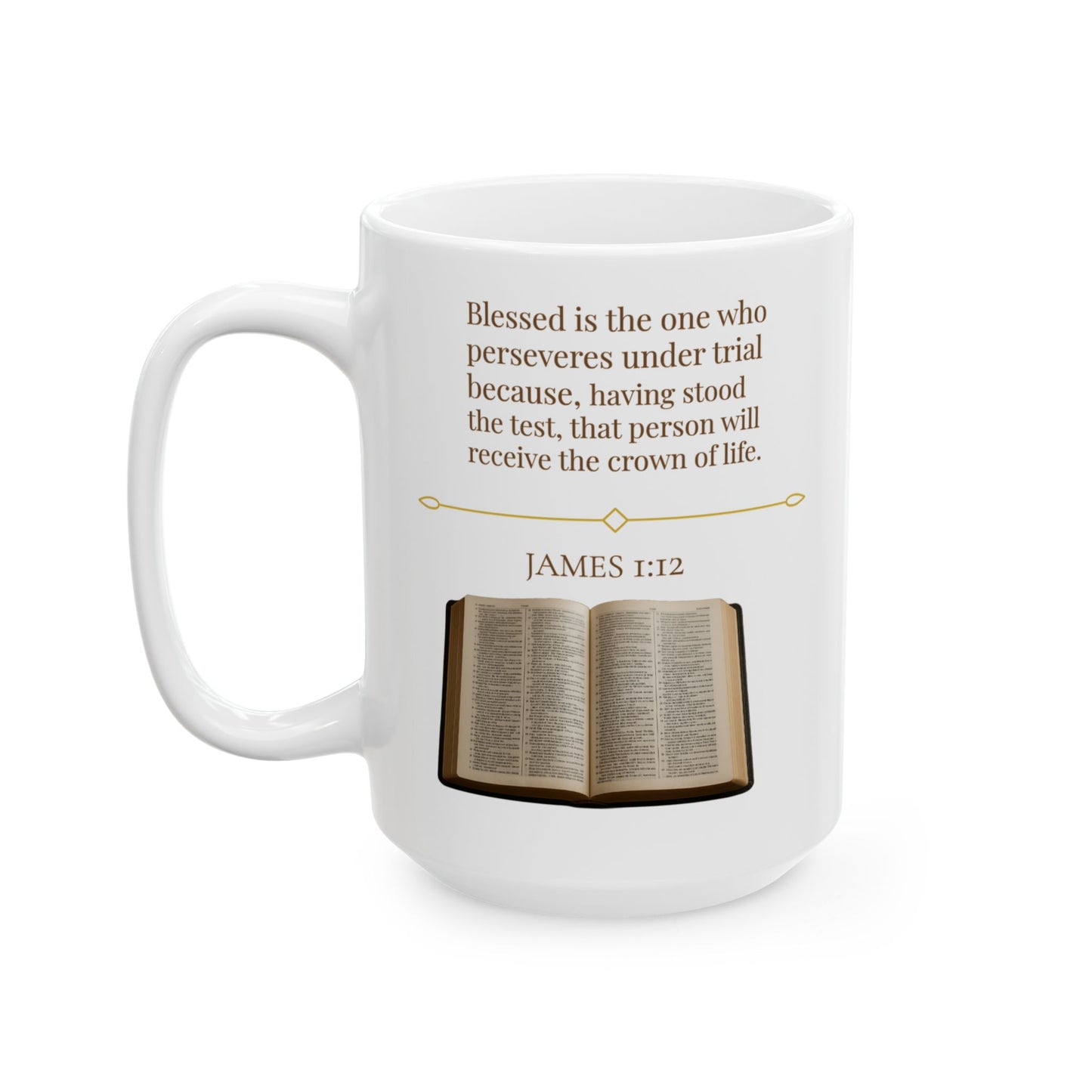 James 1:12 Ceramic Mug – Faith Inspirational Coffee Cup, Bible Verse Home Décor Gift for Him or Her
