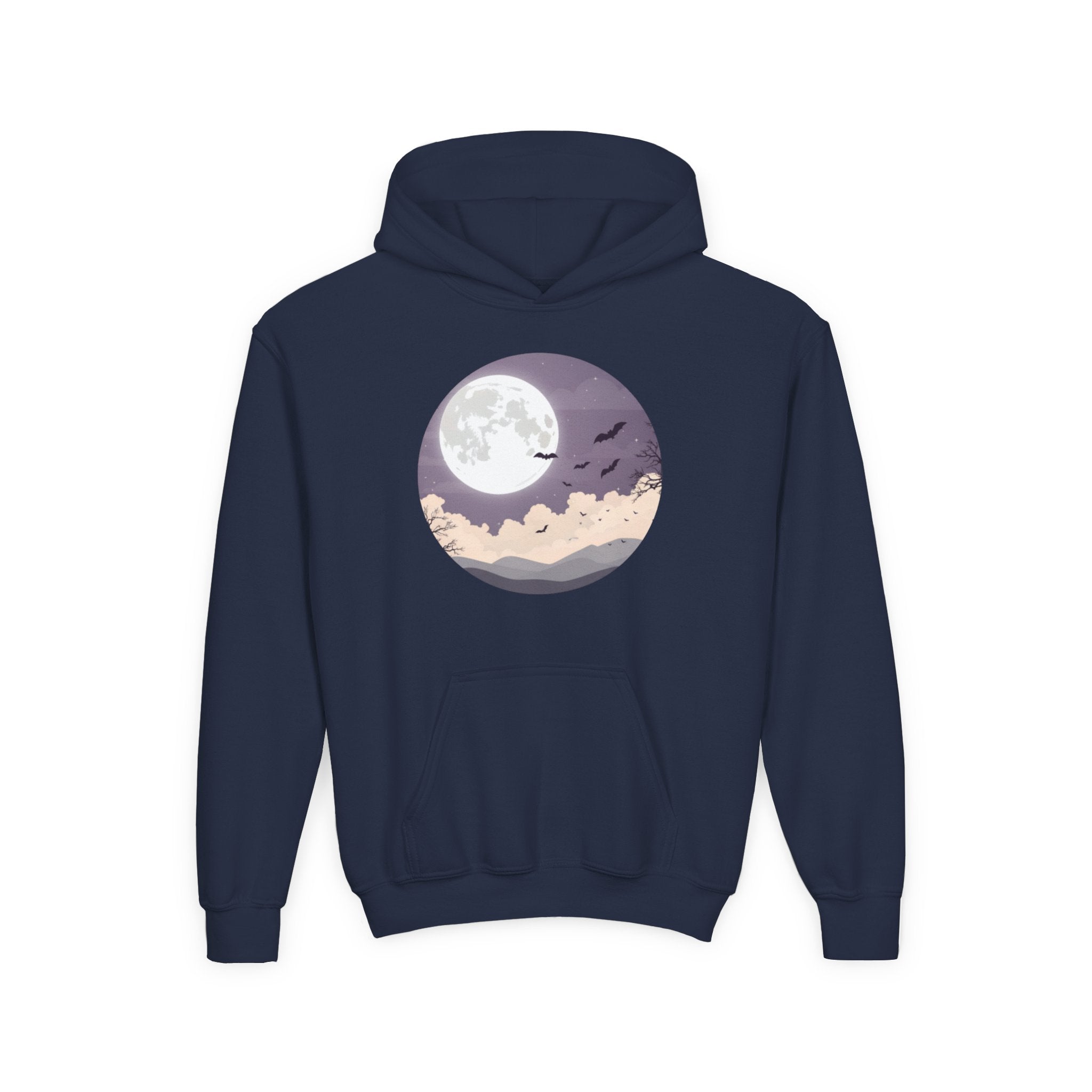 Moonlit Night Youth Hoodie – Cozy Kids Hooded Sweatshirt, Halloween Moon Graphic Hoodie, Fall & Winter Outfit for Boys and Girls