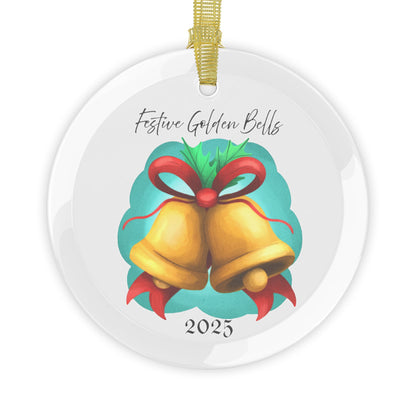 Festive Golden Bells Glass Ornament | Christmas Tree Decor, Personalized 2025 Keepsake, Holiday Gift for Family
