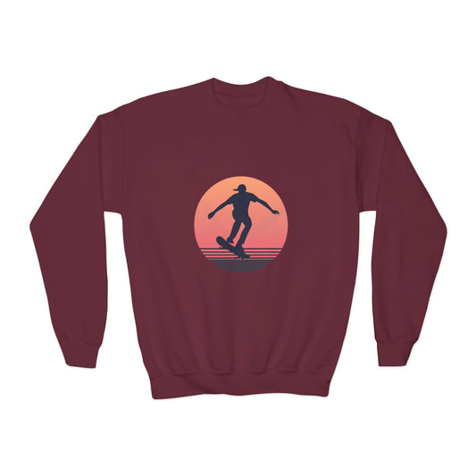 Boy’s Crewneck Sweatshirt – Maroon Skateboard Sunset