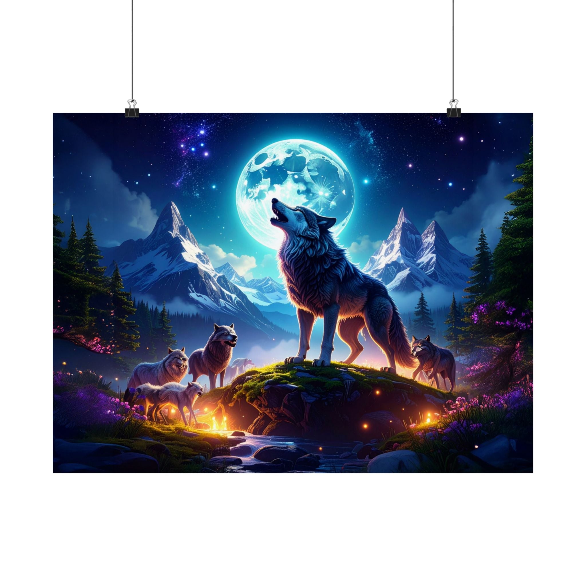 Wolf Moon Satin Poster | Fantasy Wall Art | Night Sky Decor | Wolf Lover Gift | Nature-Inspired Home Aesthetic