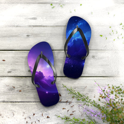 Galaxy Print Flip Flops | Cosmic Summer Sandals | Space-Themed Beach Footwear | Trendy Vacation Slides | Celestial Gift for Him or Her