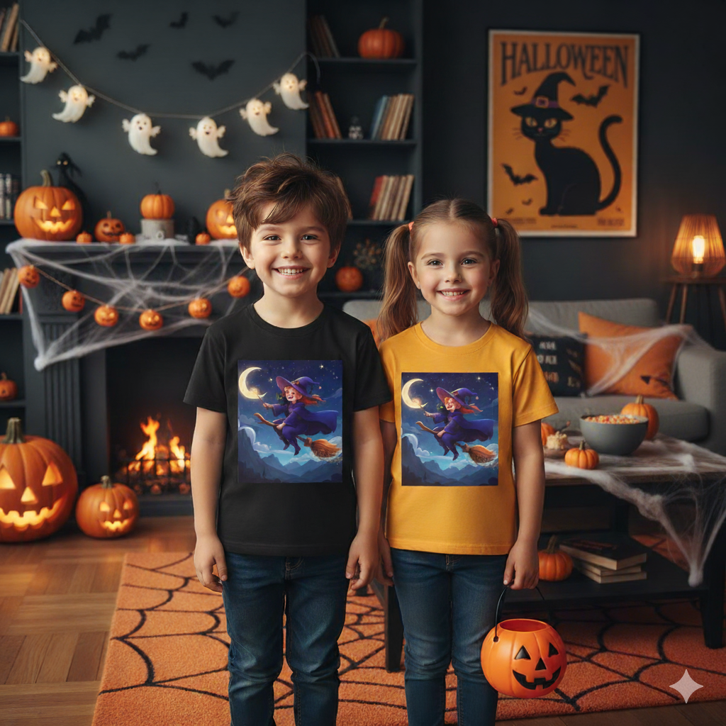 Youth Halloween Witch T-Shirt – Cute Kids Witch Tee, Moonlight Magic Design, Fun Halloween Outfit for Girls & Boys