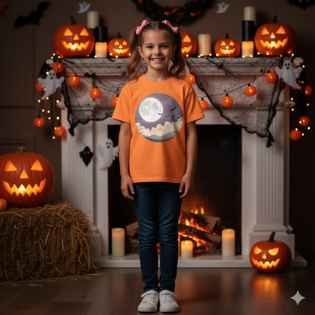 Youth Halloween Moon T-Shirt – Spooky Night Graphic Tee for Kids, Autumn Vibes Shirt, Fall Seasonal Outfit Boys & Girls