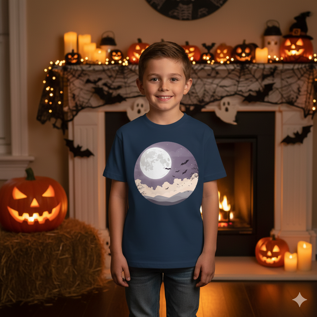 Youth Halloween Moon T-Shirt – Spooky Night Graphic Tee for Kids, Autumn Vibes Shirt, Fall Seasonal Outfit Boys & Girls