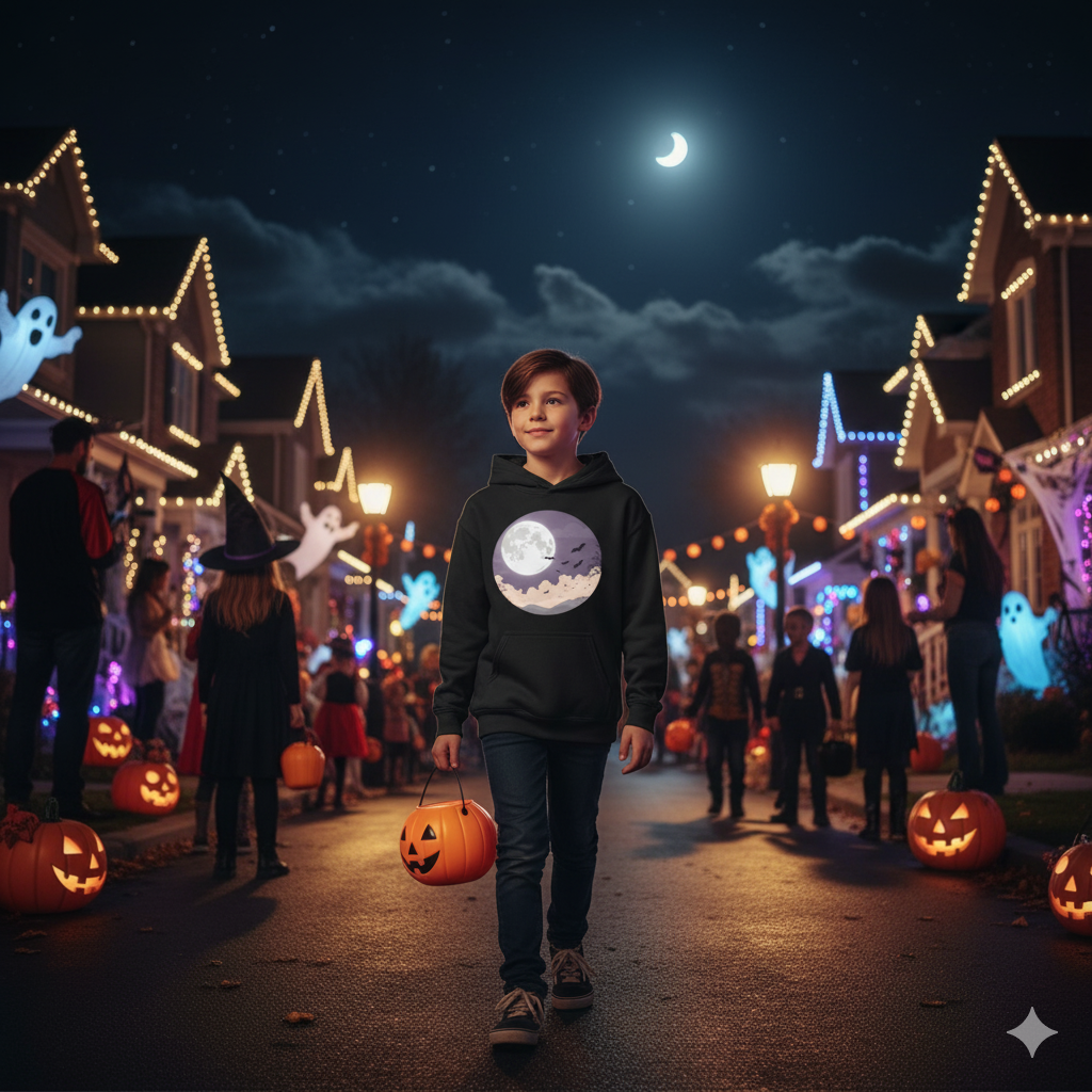 Moonlit Night Youth Hoodie – Cozy Kids Hooded Sweatshirt, Halloween Moon Graphic Hoodie, Fall & Winter Outfit for Boys and Girls