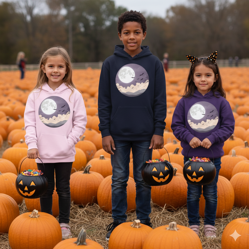 Moonlit Night Youth Hoodie – Cozy Kids Hooded Sweatshirt, Halloween Moon Graphic Hoodie, Fall & Winter Outfit for Boys and Girls