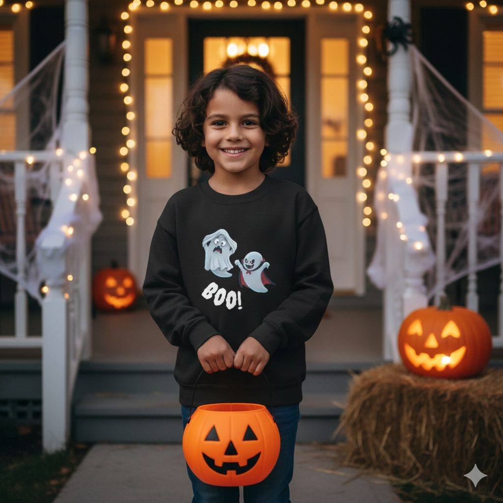 Youth Ghost Sweatshirt – Cozy Halloween Crewneck for Kids, Spooky Cartoon Sweater, Fall & Winter Outfit Boys and Girls