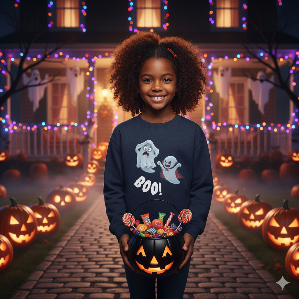 Youth Ghost Sweatshirt – Cozy Halloween Crewneck for Kids, Spooky Cartoon Sweater, Fall & Winter Outfit Boys and Girls