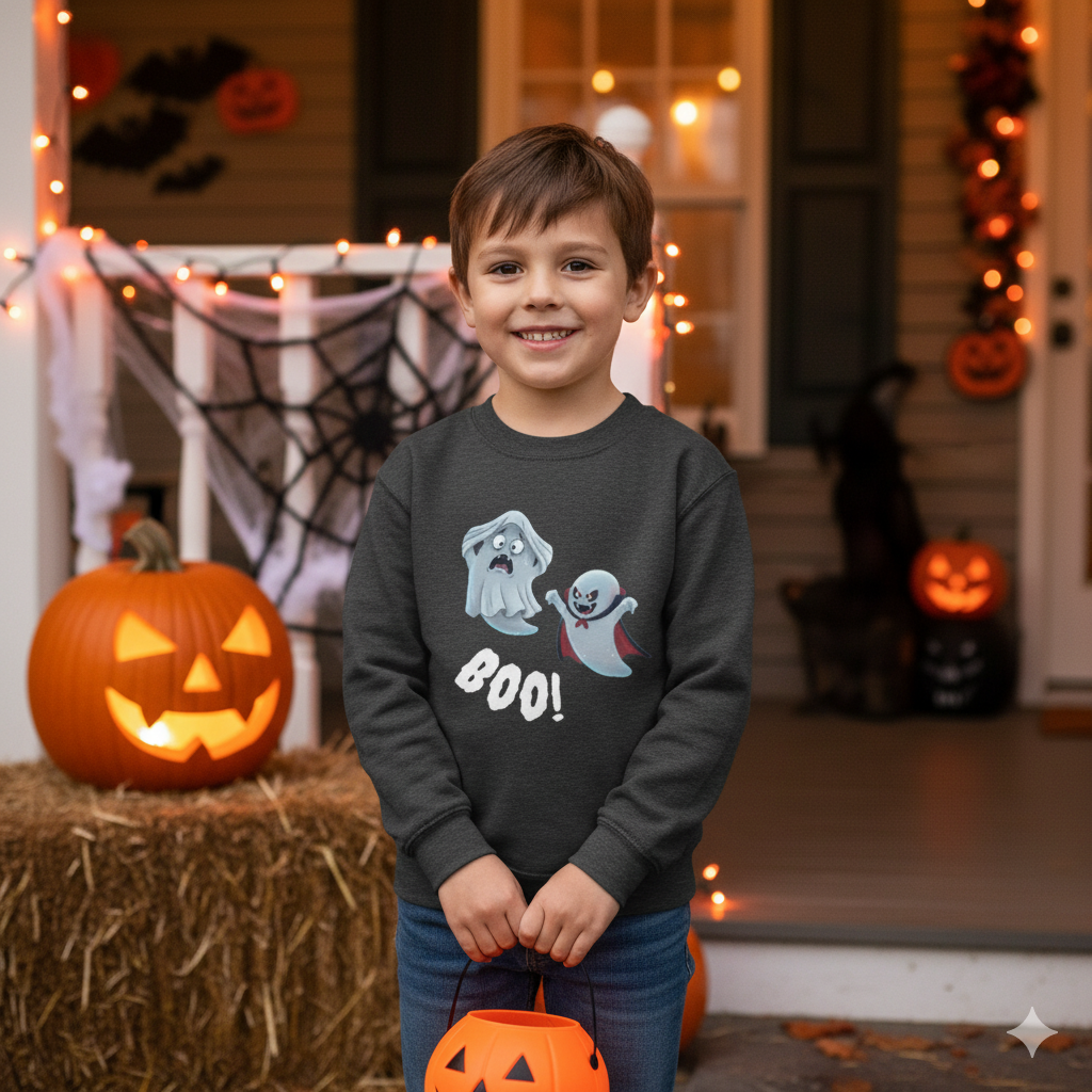 Youth Ghost Sweatshirt – Cozy Halloween Crewneck for Kids, Spooky Cartoon Sweater, Fall & Winter Outfit Boys and Girls