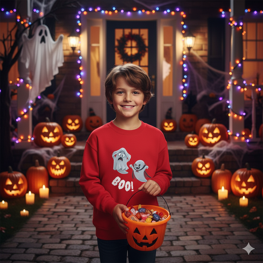 Youth Ghost Sweatshirt – Cozy Halloween Crewneck for Kids, Spooky Cartoon Sweater, Fall & Winter Outfit Boys and Girls