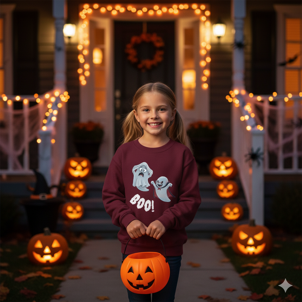 Youth Ghost Sweatshirt – Cozy Halloween Crewneck for Kids, Spooky Cartoon Sweater, Fall & Winter Outfit Boys and Girls