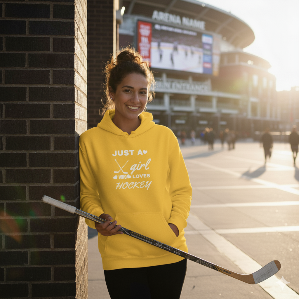 Just a Girl Who Loves Hockey Hoodie – Women’s & Girls’ Hockey Fan Pullover, Cozy Sports Sweatshirt, Gift for Hockey Lovers