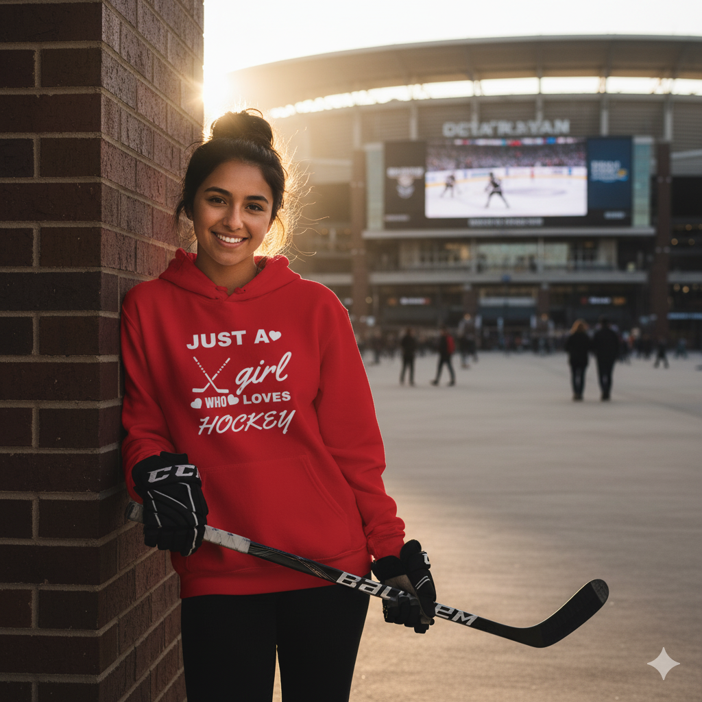 Just a Girl Who Loves Hockey Hoodie – Women’s & Girls’ Hockey Fan Pullover, Cozy Sports Sweatshirt, Gift for Hockey Lovers