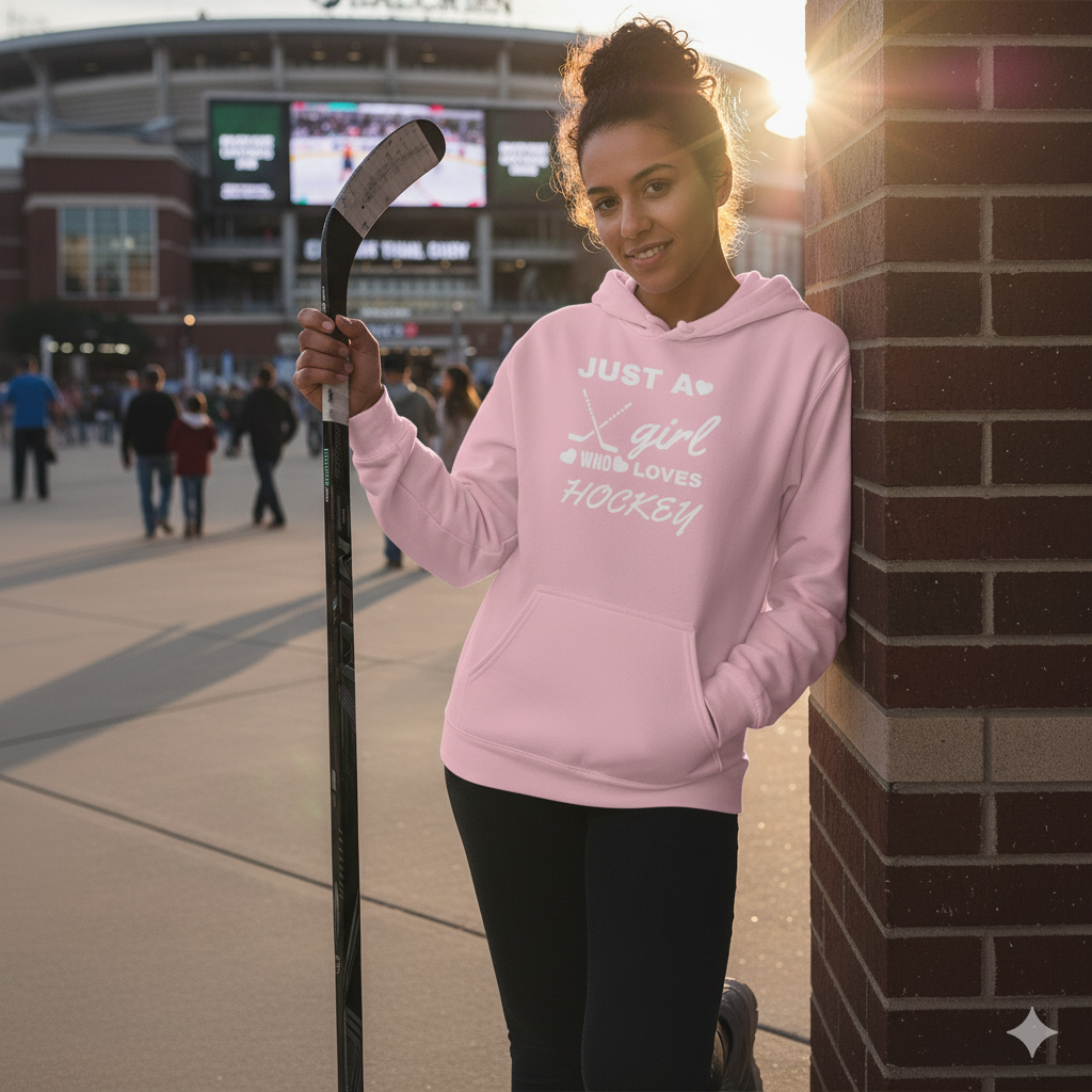 Just a Girl Who Loves Hockey Hoodie – Women’s & Girls’ Hockey Fan Pullover, Cozy Sports Sweatshirt, Gift for Hockey Lovers