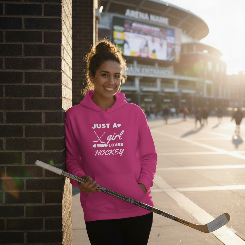Just a Girl Who Loves Hockey Hoodie – Women’s & Girls’ Hockey Fan Pullover, Cozy Sports Sweatshirt, Gift for Hockey Lovers
