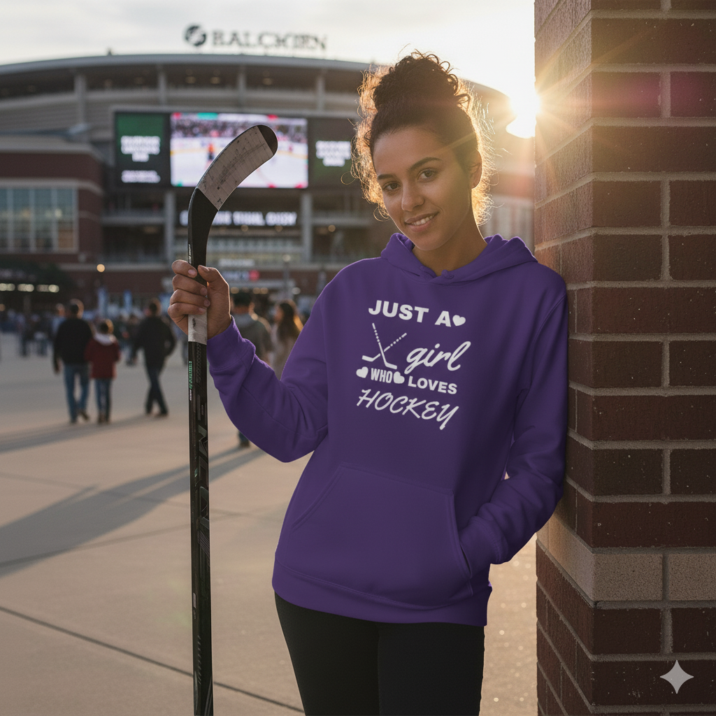Just a Girl Who Loves Hockey Hoodie – Women’s & Girls’ Hockey Fan Pullover, Cozy Sports Sweatshirt, Gift for Hockey Lovers