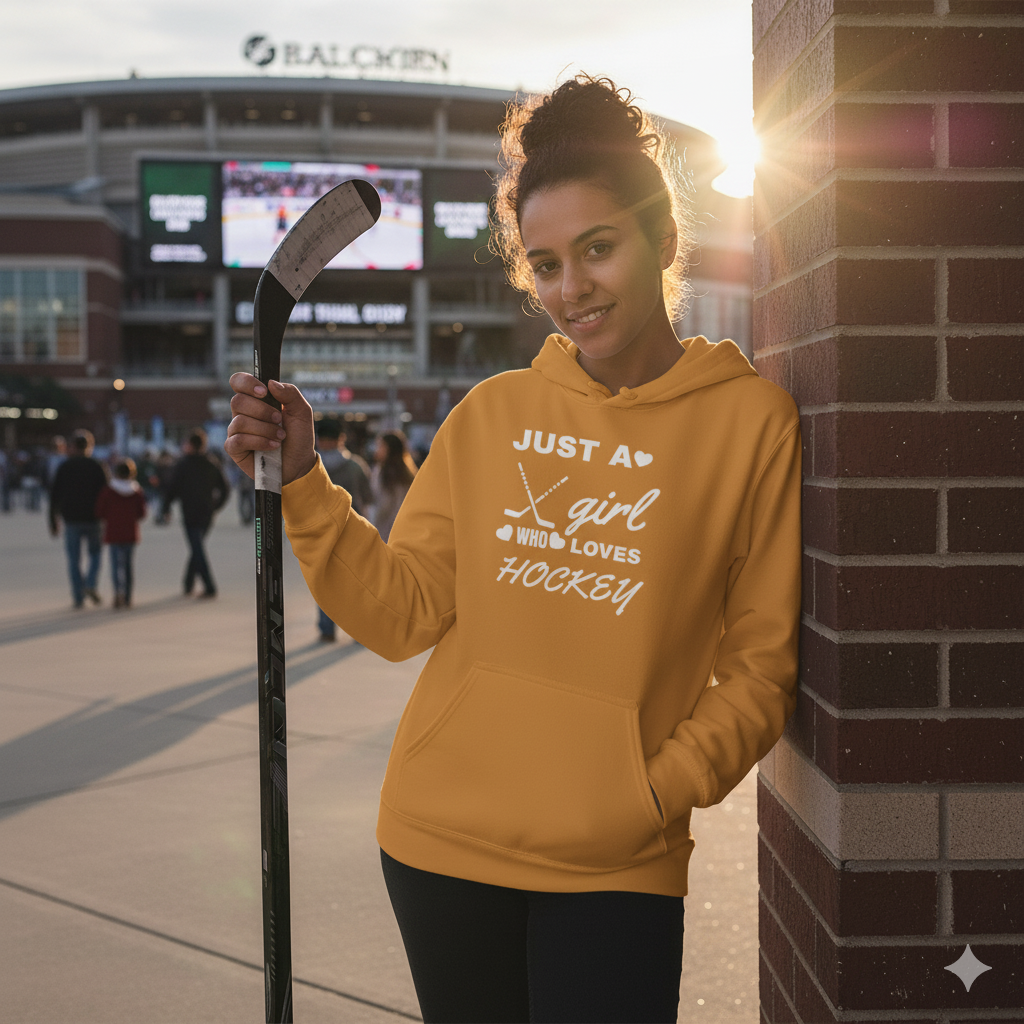 Just a Girl Who Loves Hockey Hoodie – Women’s & Girls’ Hockey Fan Pullover, Cozy Sports Sweatshirt, Gift for Hockey Lovers